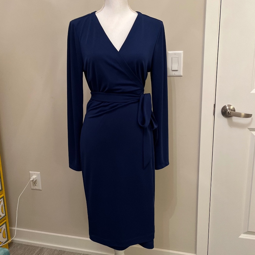 Ann Taylor Long Sleeve Dark Sapphire Jersey Wrap Dress Size 12